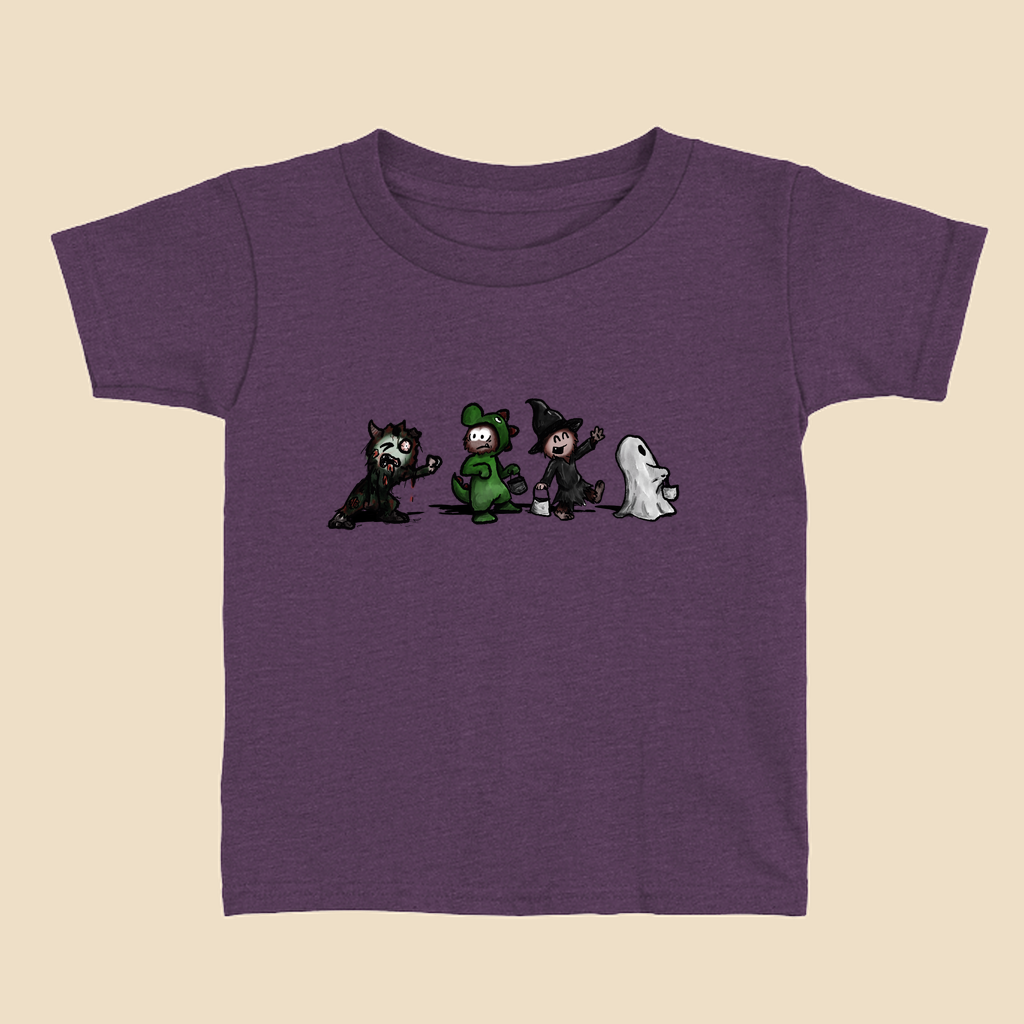 Toddler T-shirt featuring a group of furry monsters dressed in Halloween costumes, including a witch, Frankenstein’s monster, a devil, and a ghost.