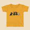 Toddler T-shirt featuring a group of furry monsters dressed in Halloween costumes, including a witch, Frankenstein’s monster, a dinosaur, and a ghost.