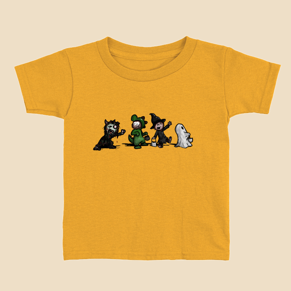 Toddler T-shirt featuring a group of furry monsters dressed in Halloween costumes, including a witch, Frankenstein’s monster, a dinosaur, and a ghost.
