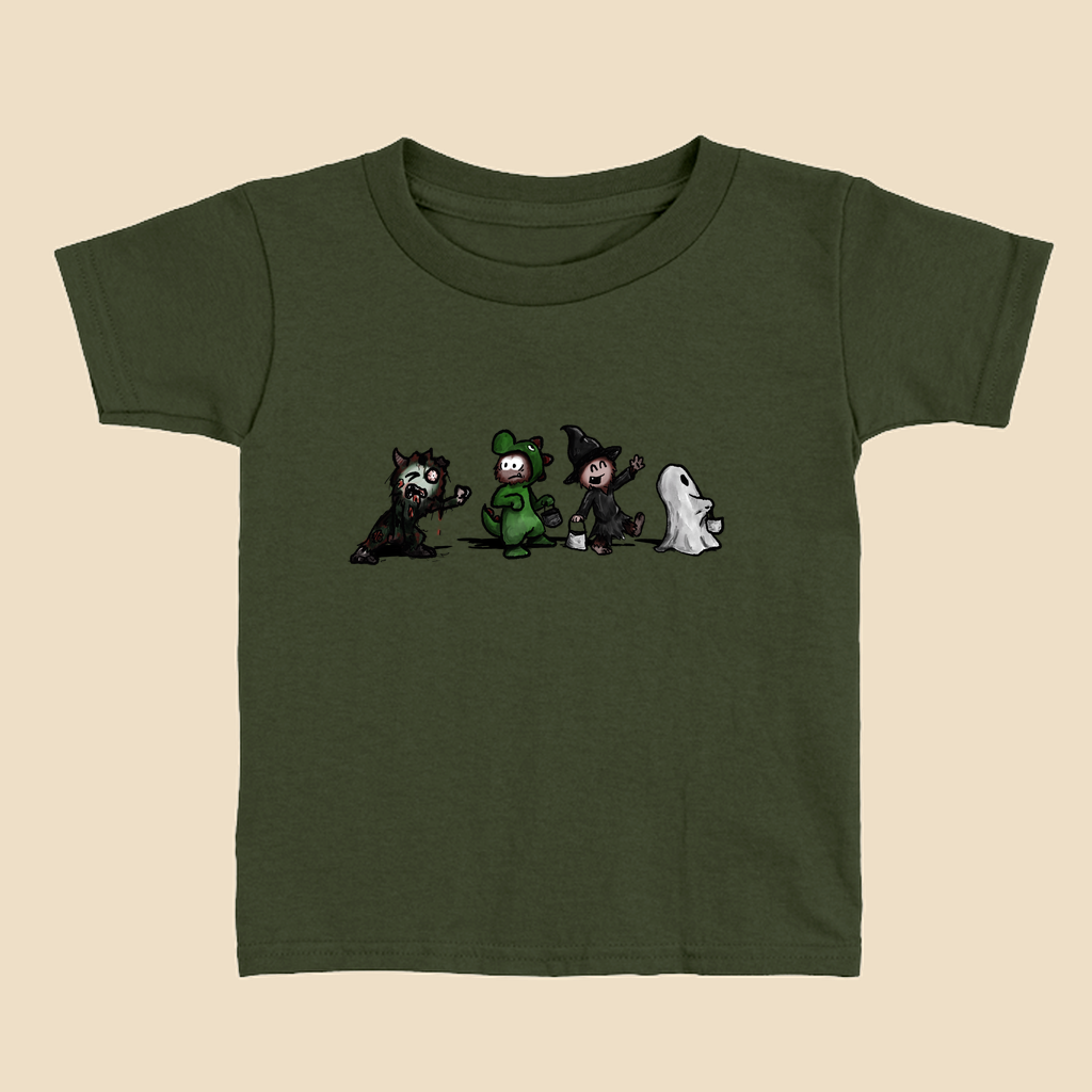Toddler T-shirt featuring a group of furry monsters dressed in Halloween costumes, including a witch, Frankenstein’s monster, a devil, and a ghost.