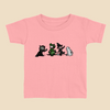 Toddler T-shirt featuring a group of furry monsters dressed in Halloween costumes, including a witch, Frankenstein’s monster, a dinosaur, and a ghost.