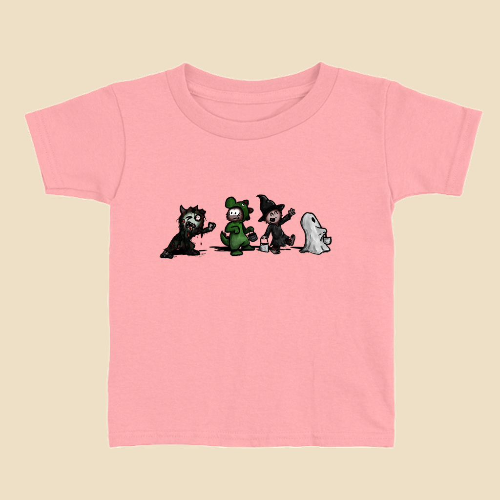 Toddler T-shirt featuring a group of furry monsters dressed in Halloween costumes, including a witch, Frankenstein’s monster, a dinosaur, and a ghost.