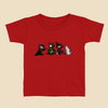Toddler T-shirt featuring a group of furry monsters dressed in Halloween costumes, including a witch, Frankenstein’s monster, a devil, and a ghost.