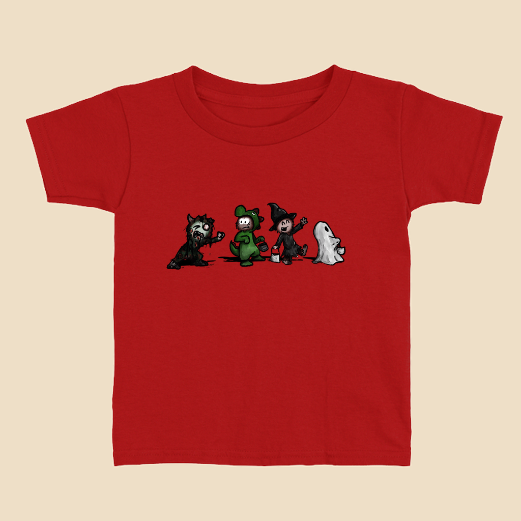 Toddler T-shirt featuring a group of furry monsters dressed in Halloween costumes, including a witch, Frankenstein’s monster, a devil, and a ghost.