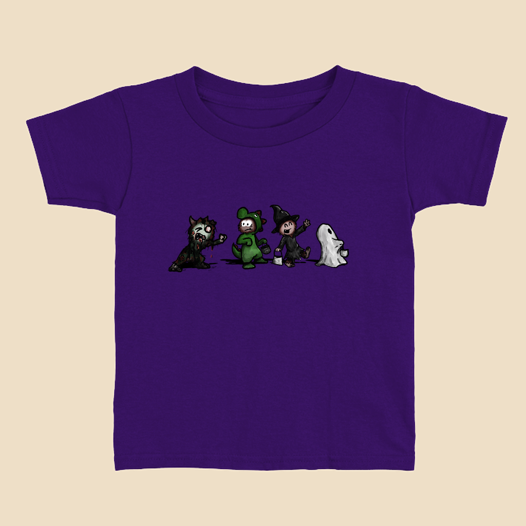 Toddler T-shirt featuring a group of furry monsters dressed in Halloween costumes, including a witch, Frankenstein’s monster, a devil, and a ghost.