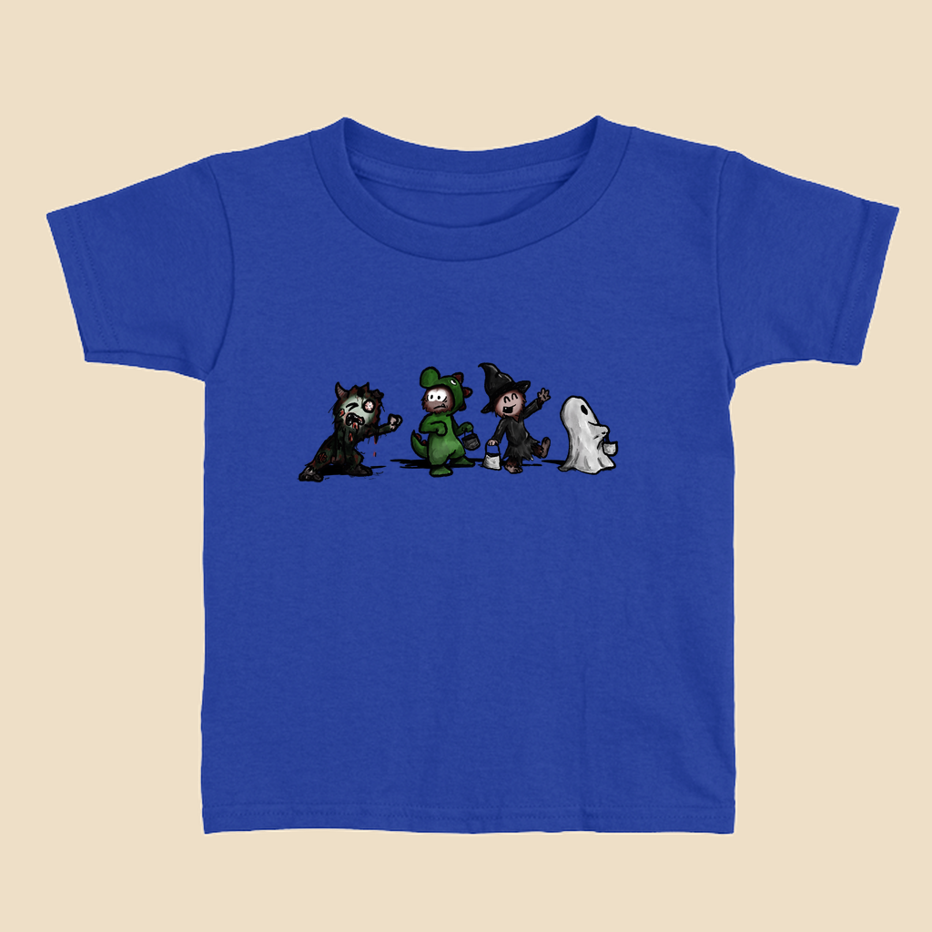 Toddler T-shirt featuring a group of furry monsters dressed in Halloween costumes, including a witch, Frankenstein’s monster, a dinosaur, and a ghost.
