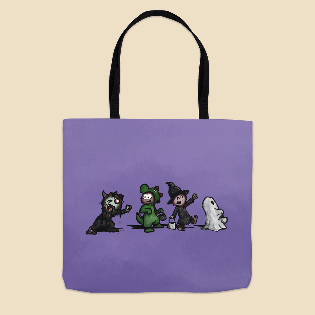 Tote bag featuring a group of furry monsters dressed in Halloween costumes, including a witch, Frankenstein’s monster, a devil, and a ghost.