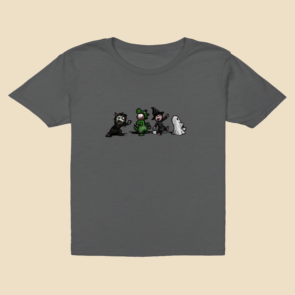 Youth T-shirt featuring a group of furry monsters dressed in Halloween costumes, including a witch, Frankenstein’s monster, a devil, and a ghost.