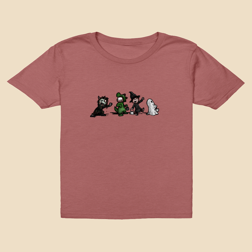 Youth T-shirt featuring a group of furry monsters dressed in Halloween costumes, including a witch, Frankenstein’s monster, a devil, and a ghost.