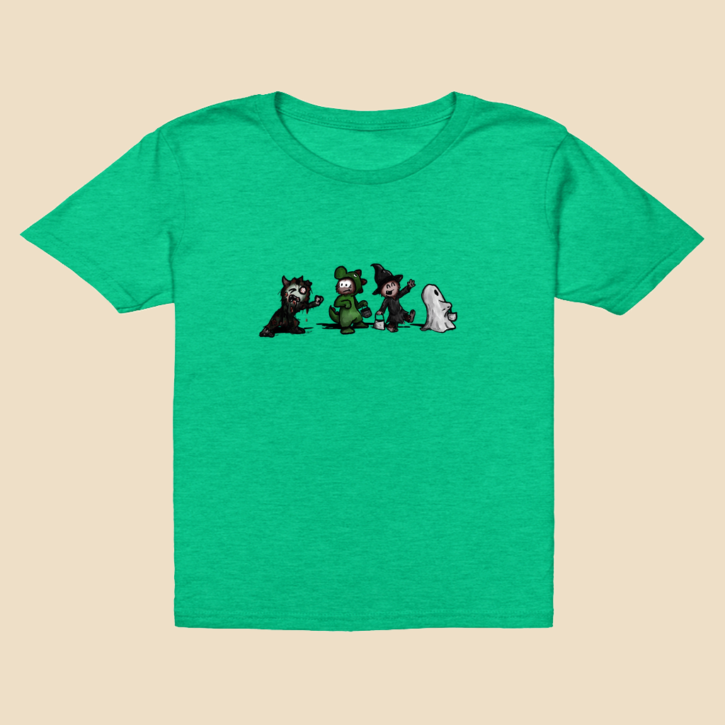 Youth T-shirt featuring a group of furry monsters dressed in Halloween costumes, including a witch, Frankenstein’s monster, a devil, and a ghost.