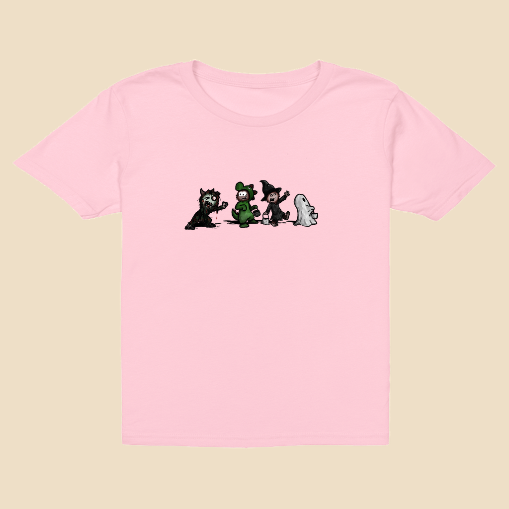 Youth T-shirt featuring a group of furry monsters dressed in Halloween costumes, including a witch, Frankenstein’s monster, a devil, and a ghost.