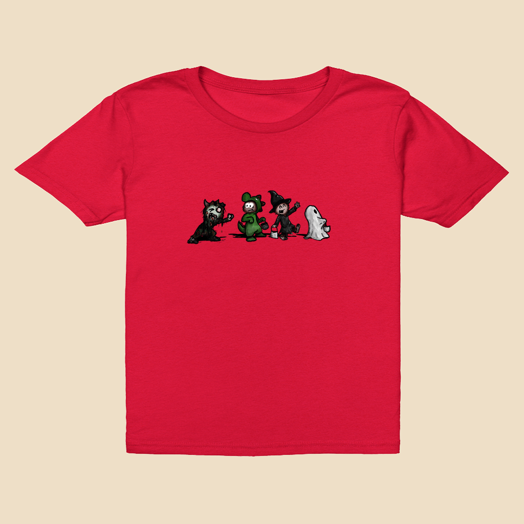 Youth T-shirt featuring a group of furry monsters dressed in Halloween costumes, including a witch, Frankenstein’s monster, a devil, and a ghost.