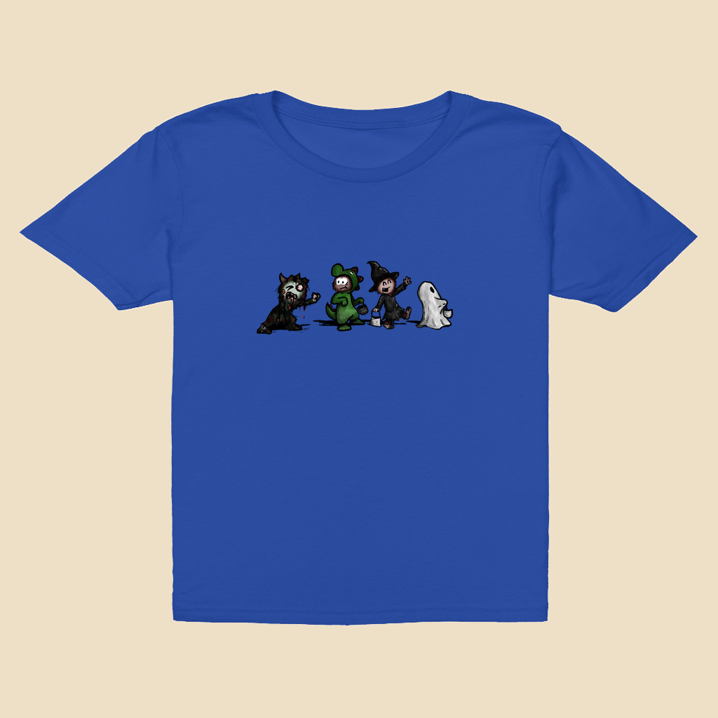 Youth T-shirt featuring a group of furry monsters dressed in Halloween costumes, including a witch, Frankenstein’s monster, a devil, and a ghost.
