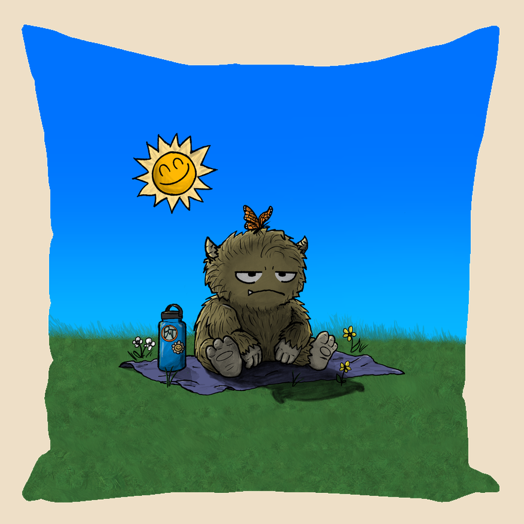 Throw pillow featuring a furry monster sitting miserably in the sunshine while the cheerful world around it enjoys a beautiful day.