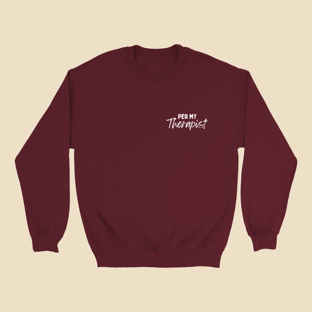 Per My Therapist sweatshirt with small white Per My Therapist logo on the left chest.