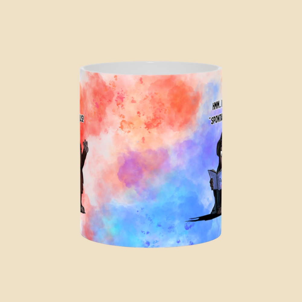 What Is Spontaneity funny mental health mug featuring two monsters joking about scheduling spontaneity.