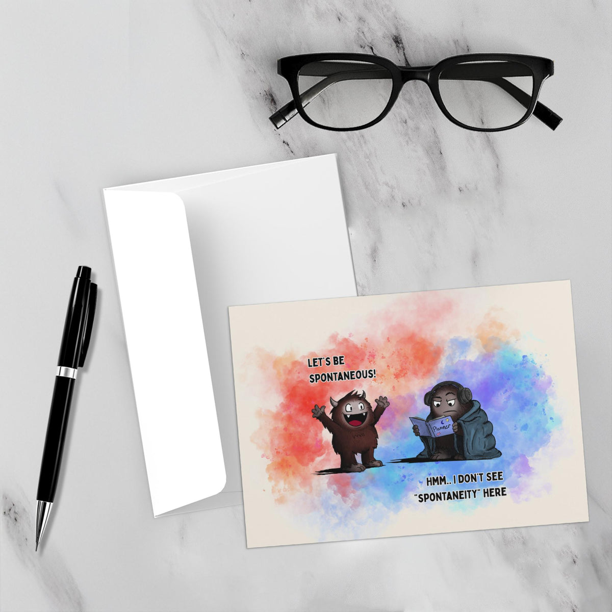 What Is Spontaneity funny mental health greeting card featuring two monsters joking about scheduling spontaneity.