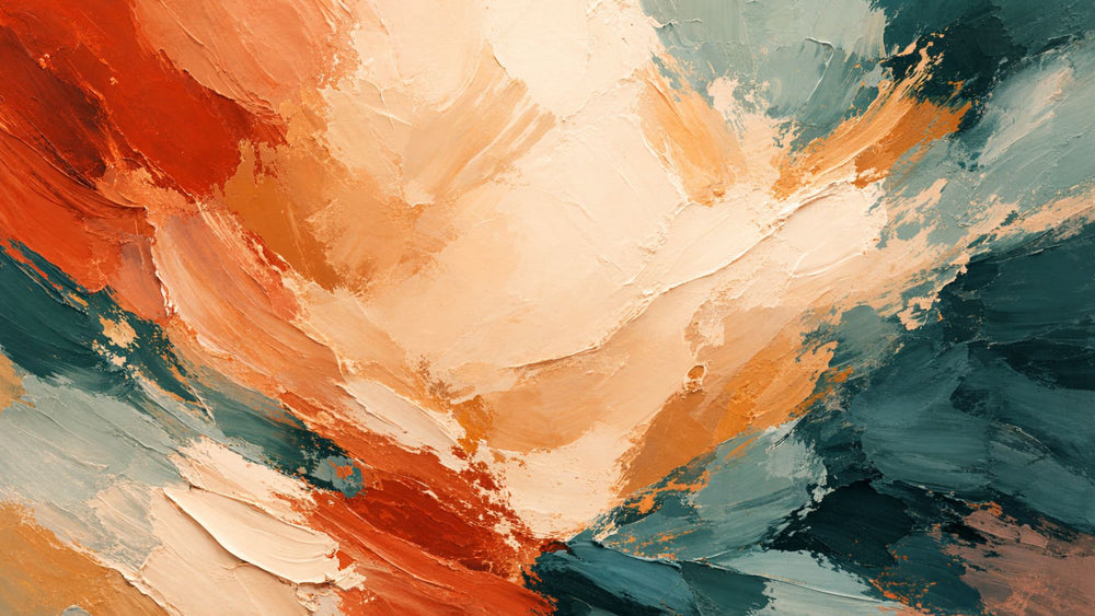 Abstract oil painting background with textured brush strokes in terracotta, teal, cream, and sage green used as a hero banner for the Per My Diagnosis collection.