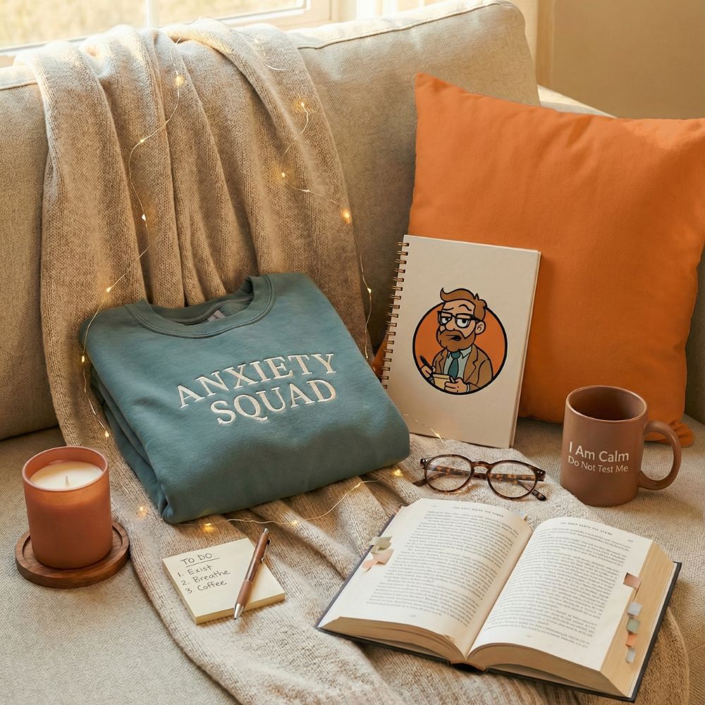 Cozy living room couch in front of a window with "Anxiety Squad" sweatshirt, Arnold notebook, "I Am Calm, Do Not Test Me" mug, candle, reading glasses, open book, to-do list, orange pillow, blanket, and fairy lights.